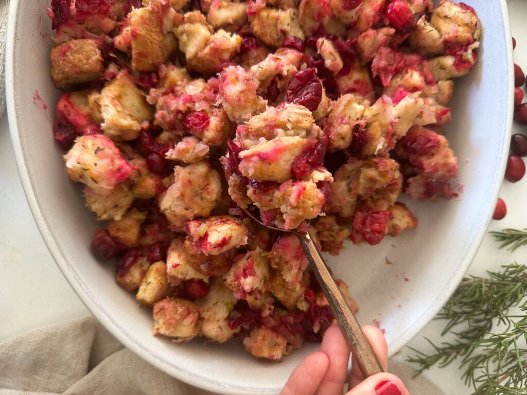 Tart Cranberry Stuffing spooned. 
