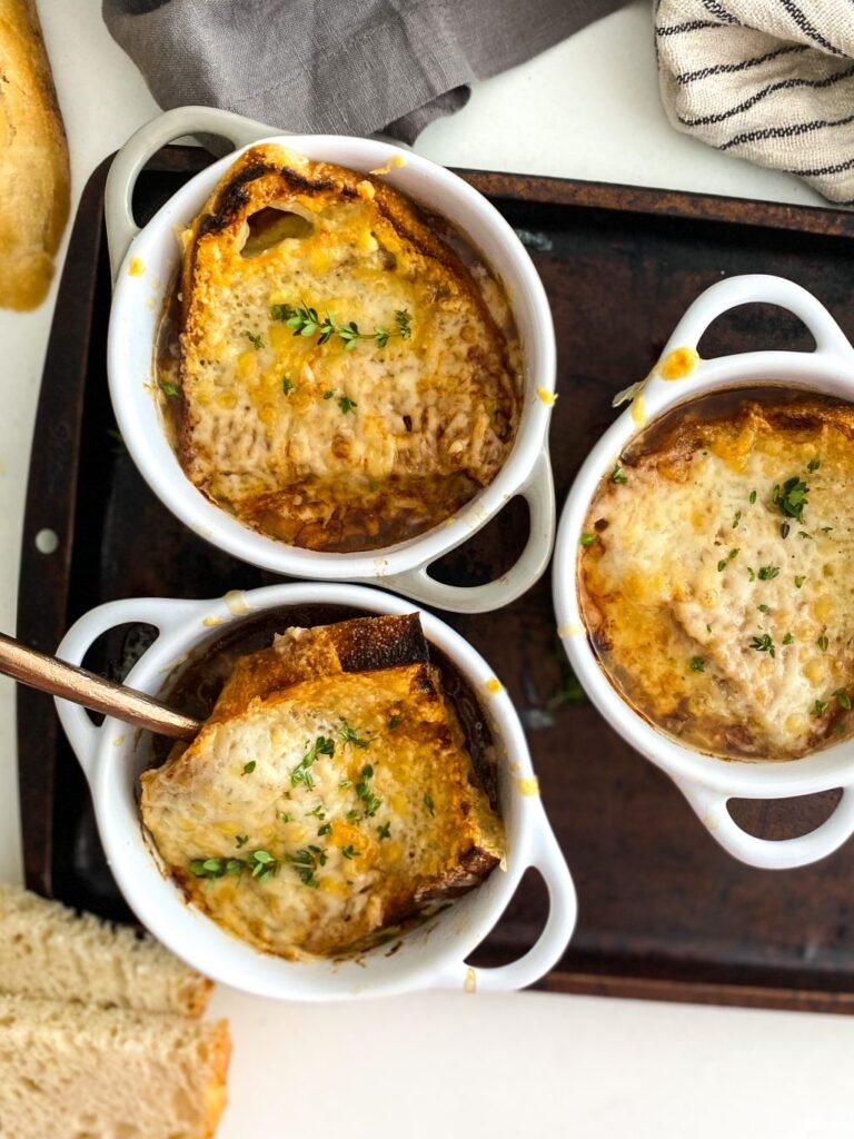 three french onion soup bowls