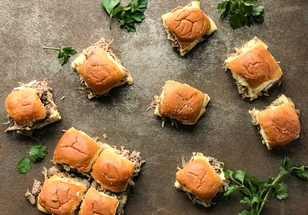 overhead picture of Irish roast beef sliders on a counter top.