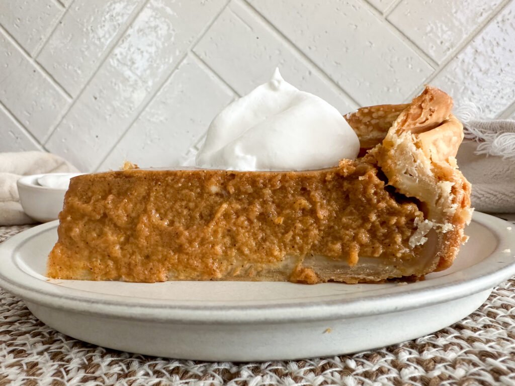 A cross section view of the the creamy pumpkin pie texture