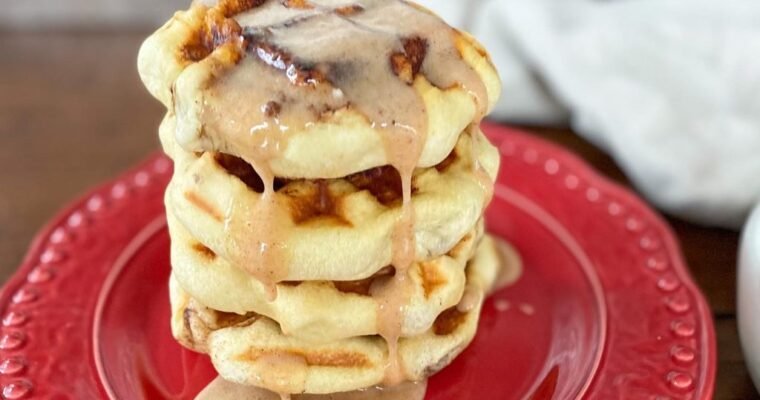 Weekend Cinnamon Roll Waffles (with Eggnog Syrup)