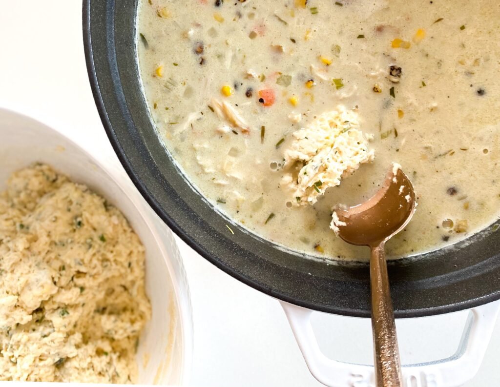 Buttermilk-Herb Drop Dumplings on a spoon
