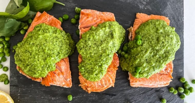 Pan Seared Salmon & Pea Basil Pesto