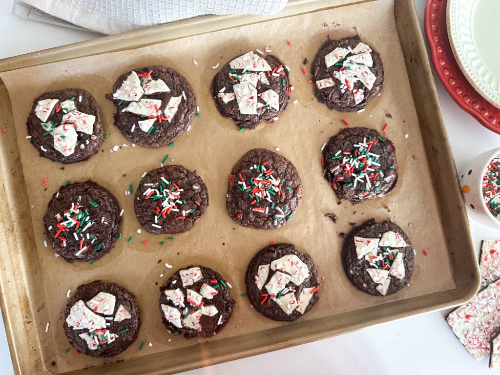 Boxed Brownie Holiday Cookies with sprinkles and peppermint bark 