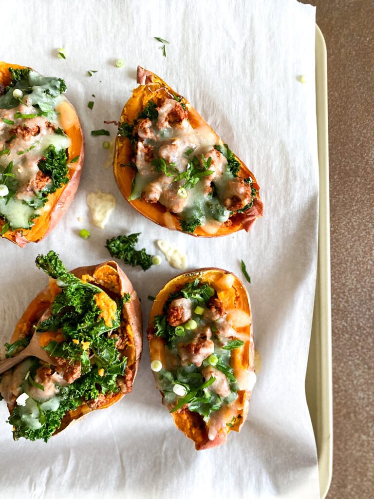 Chorizo and Kale Sweet Potato Skins
