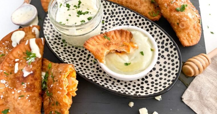 Easy Buffalo Chicken Dip Empanadas (with whipped blue cheese and honey)
