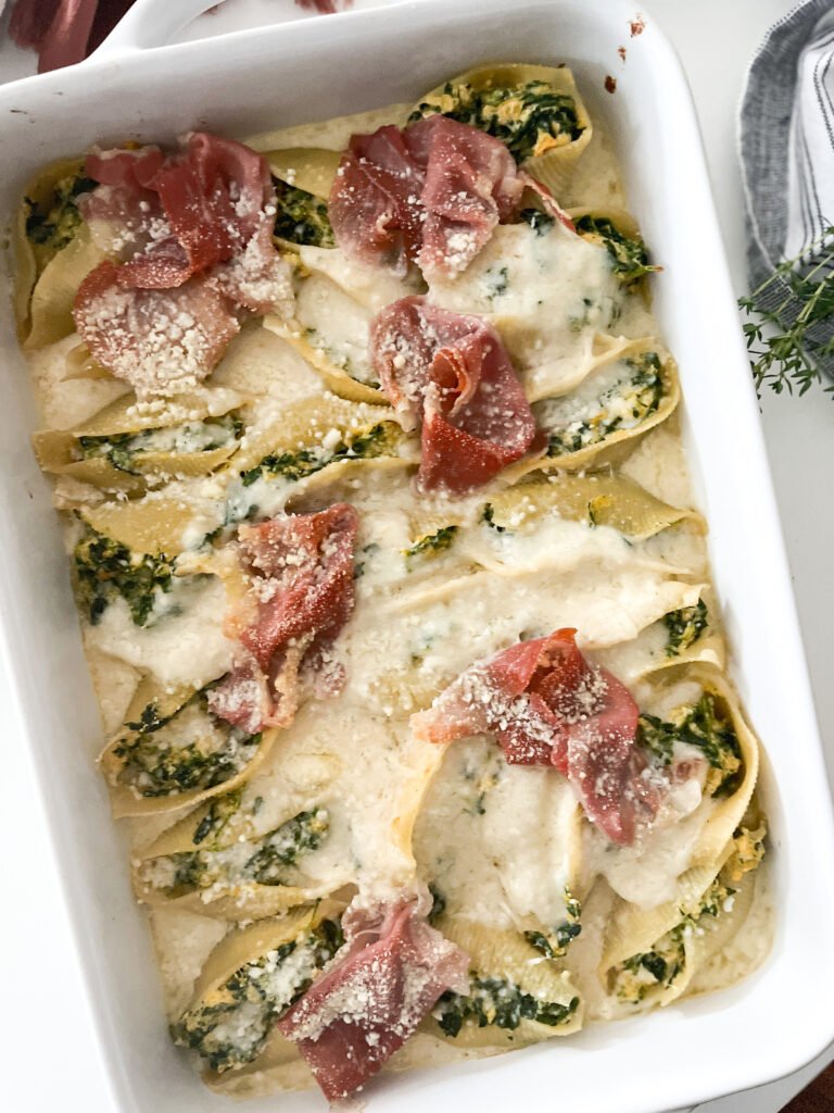 Cheesy Butternut & Spinach Stuffed Shells with Crispy Prosciutto
