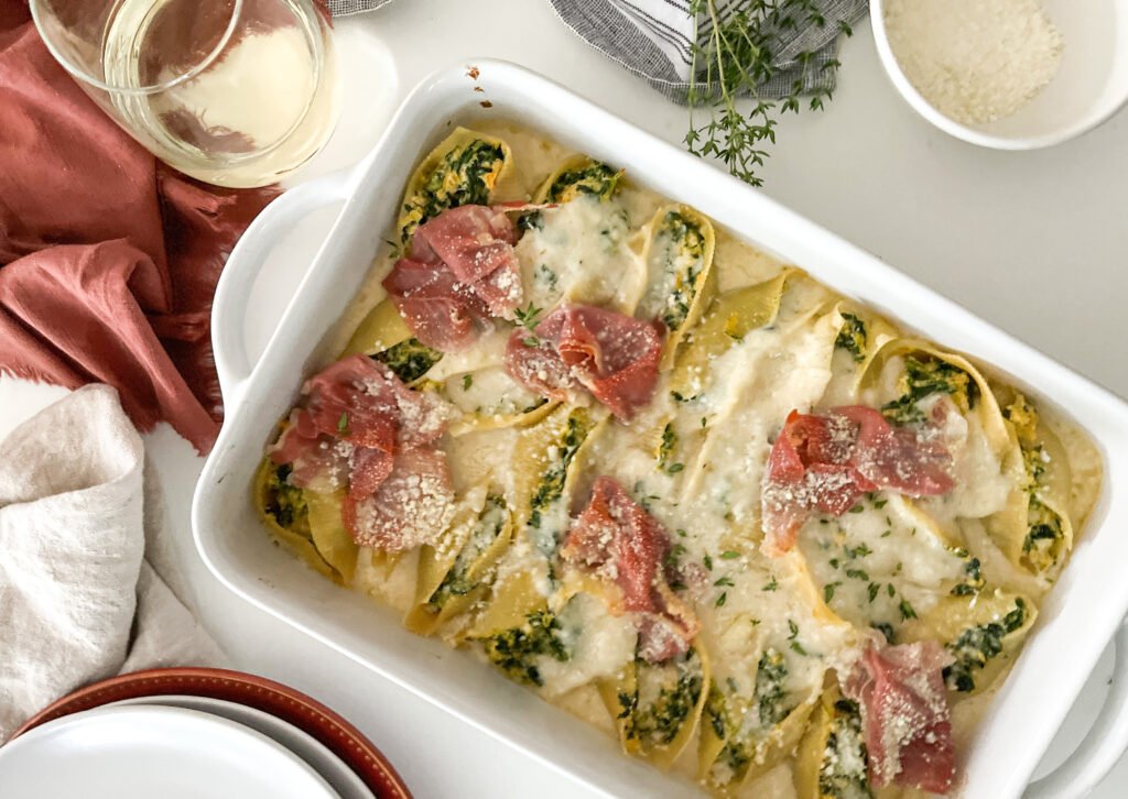 Cheesy Butternut & Spinach Stuffed Shells with Crispy Prosciutto