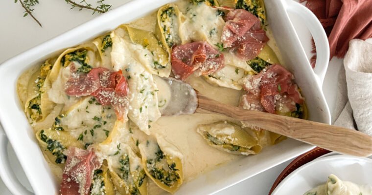 Cheesy Butternut & Spinach Stuffed Shells with Crispy Prosciutto