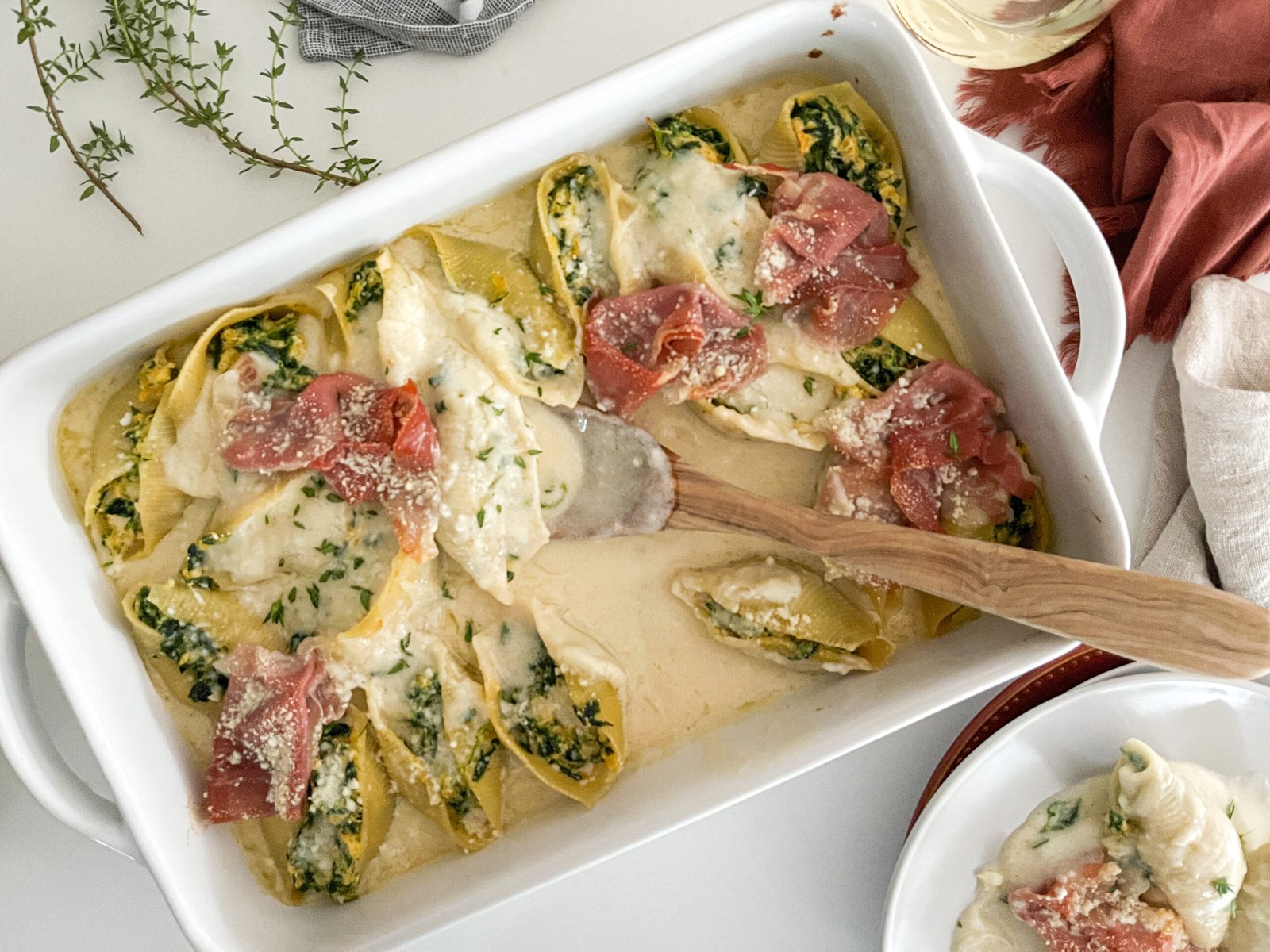 Cheesy Butternut & Spinach Stuffed Shells with Crispy Prosciutto