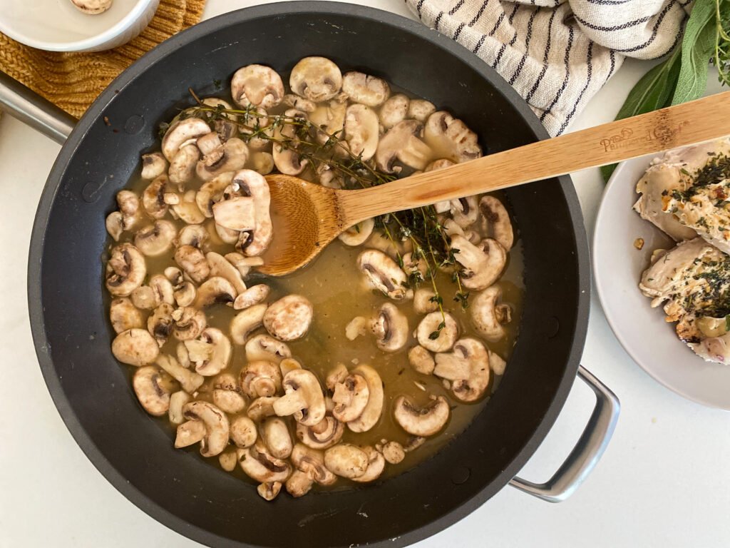 Skillet Chicken with a Mushroom Pan Sauce and Creamy Parmesan Polenta