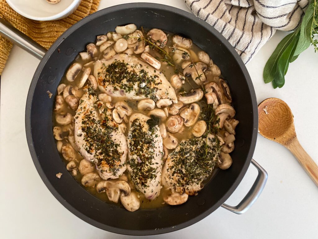 Skillet Chicken with a Mushroom Pan Sauce and Creamy Parmesan Polenta