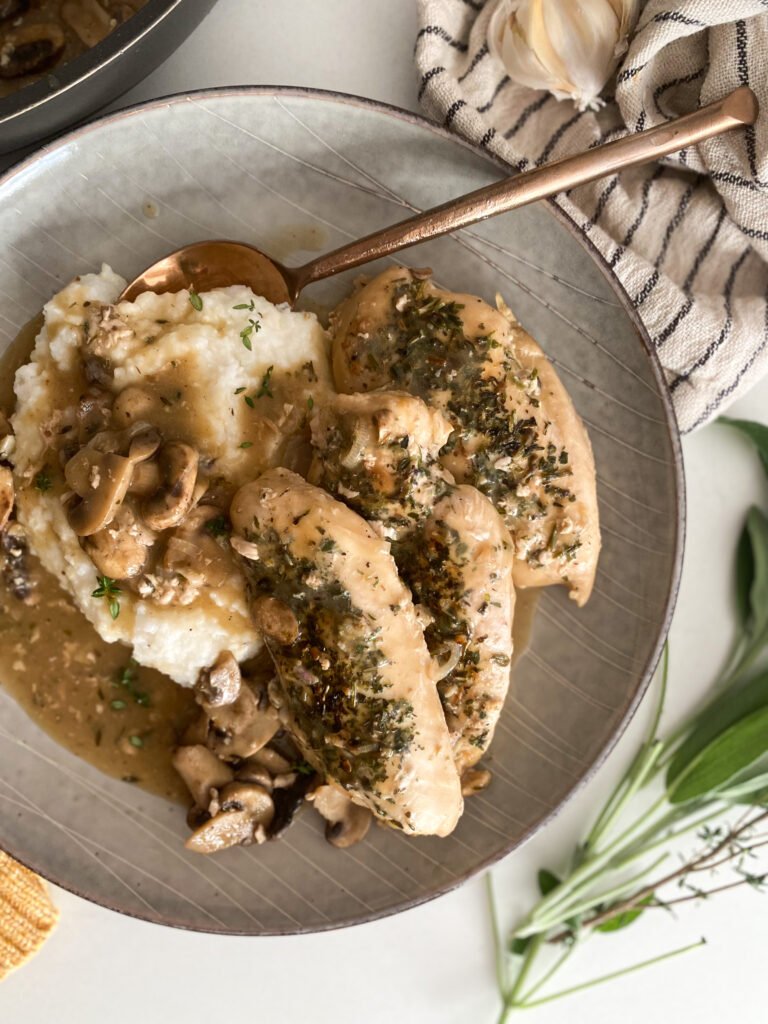 Skillet Chicken with a Mushroom Pan Sauce and Creamy Parmesan Polenta