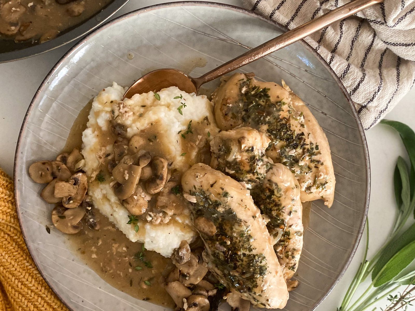 Skillet Chicken with a Mushroom Pan Sauce and Creamy Parmesan Polenta