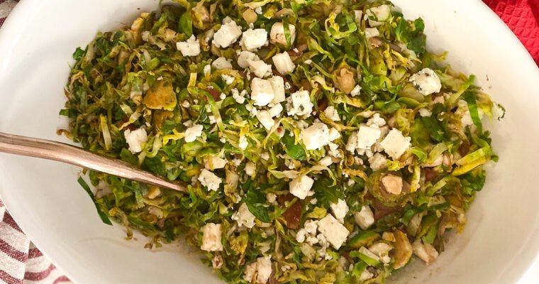 Brussel Sprouts Bacon Blue Cheese Salad with a Balsamic Reduction