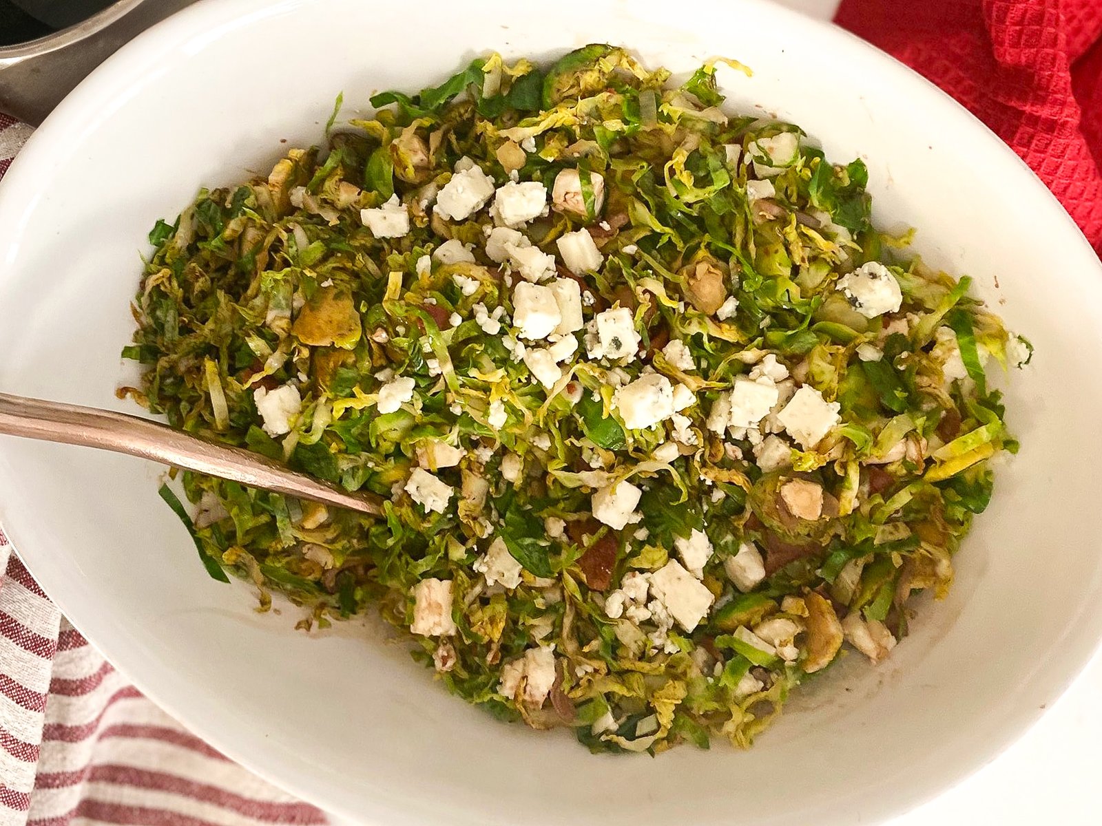 Brussel Sprouts Bacon Blue Cheese Salad with a Balsamic Reduction