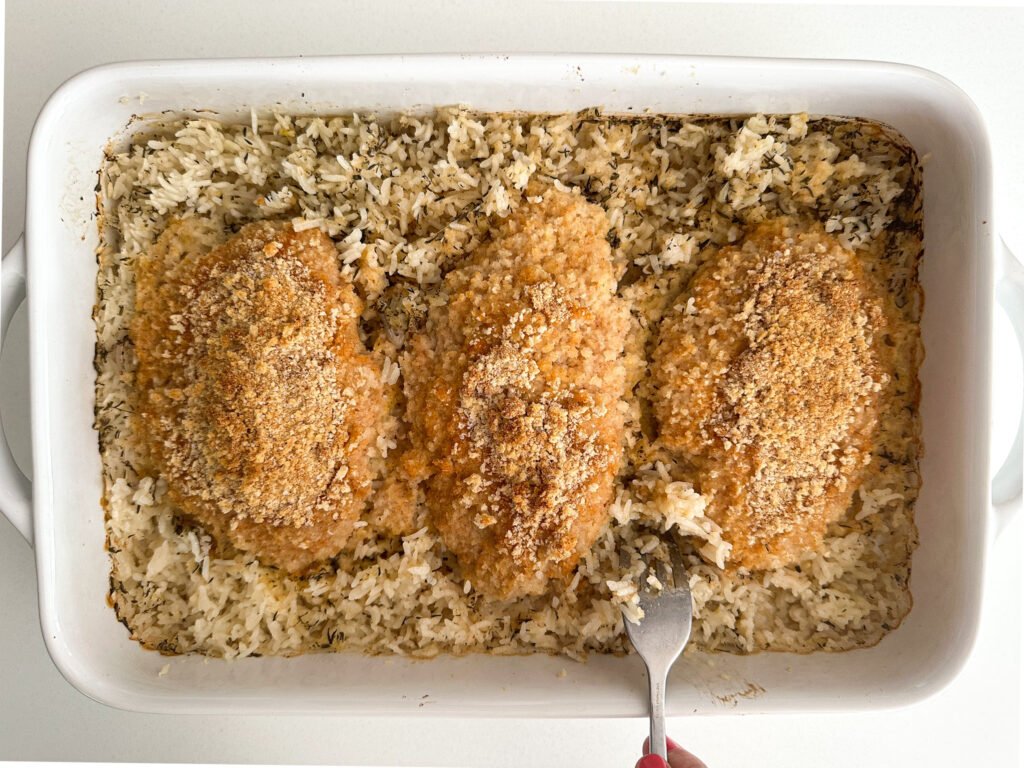 Hummus crusted chicken and fork tender oven baked rice