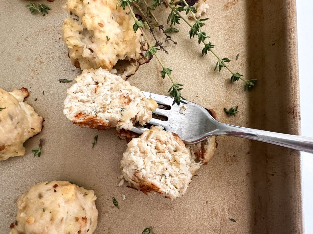 The inside of a tender chicken meatball