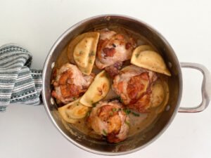 Chicken with Dijon mustard and pierogies