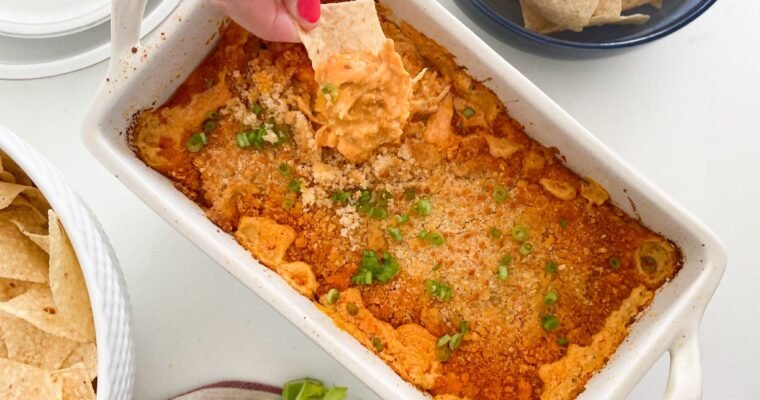 Buffalo Chicken Dip with a Buttery Parmesan Breadcrumb Crumble