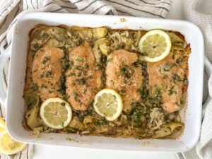 One-Pan Lemon Chicken Piccata Artichoke Orzo Bake.