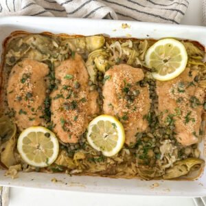 One-Pan Lemon Chicken Piccata Artichoke Orzo Bake.