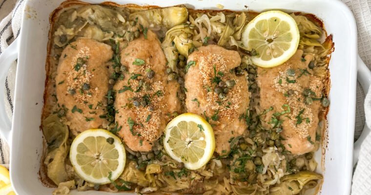 One-Pan Lemon Chicken Piccata Artichoke Orzo Bake