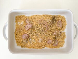 Uncooked orzo pasta, Italian seasoning, thinly cut shallot, minced garlic.