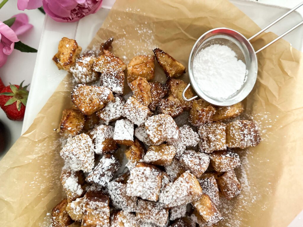 Close up French Toast Nuggets with powdered sugar 
