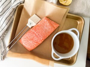 Salmon with salt and prepared honey lemon glaze.