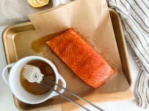 Salmon with prepared honey lemon glaze.
