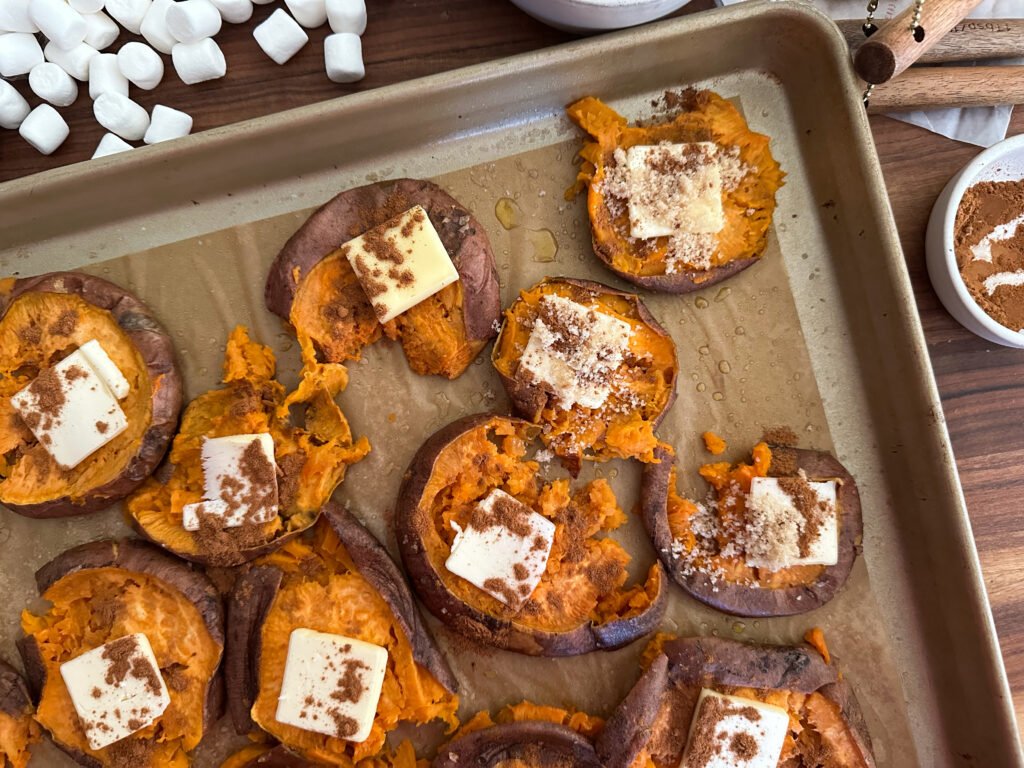 Sheet-Pan Candied Sweet Potatoes - prep with butter, cinnamon