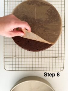 8. Bake the cake, let it cool, flip it out of the cake pan and remove the parchment paper before decorating.