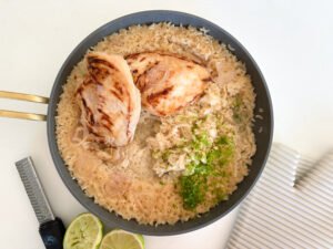 Add lime juice and zest to the perfectly baked chicken and rice.