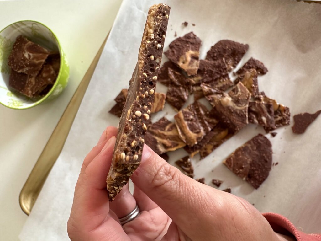 Popped Quinoa Chocolate Peanut Butter Bark - side view