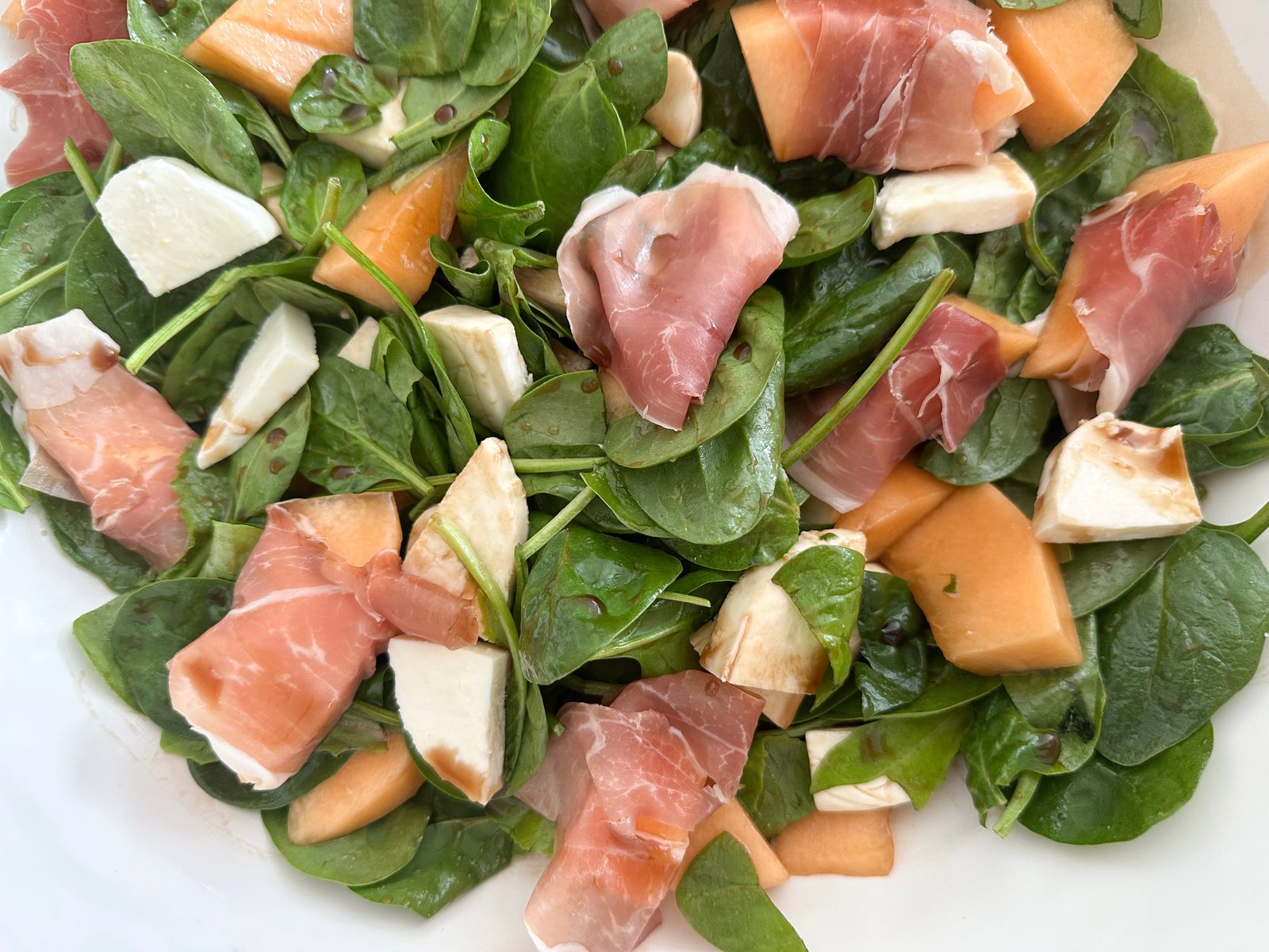 Melon Prosciutto Spinach Salad - close up