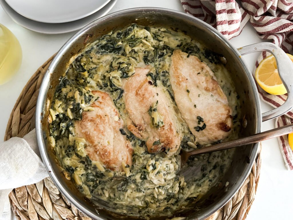 Spinach Dip Chicken Orzo Bake