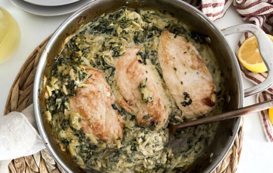 Spinach Dip Chicken Orzo Bake