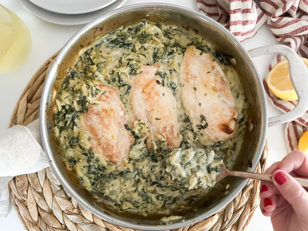 Spinach Dip Chicken Orzo Bake, scooped
