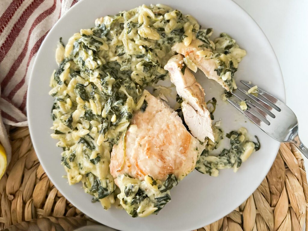 Spinach Dip Chicken Orzo Bake, plated 