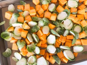 Butternut Squash and Brussel Sprouts on a sheet pan